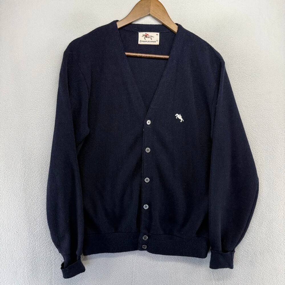Vintage Steeplechase Cardigan Sweater Men's medium Blue Navy Western Preppy 90s